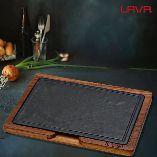 Cast Iron Serving Tray 30 X 20 Cm Wooden Base Lava