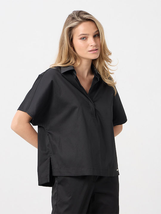 Women's Cotton Short Sleeve Blouse Black