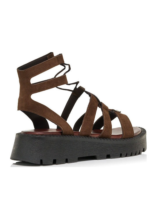 Leather Women's Flat Sandals Brown