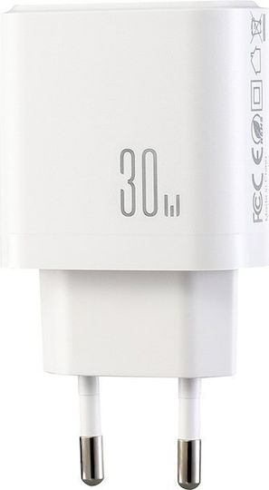 Joyroom Зарядно Устройство Без Кабел GaN с USB-A Изходен Порт и 2 USB-C Изходни Порта и USB-C Кабел 30W Бял (JR-TG6)