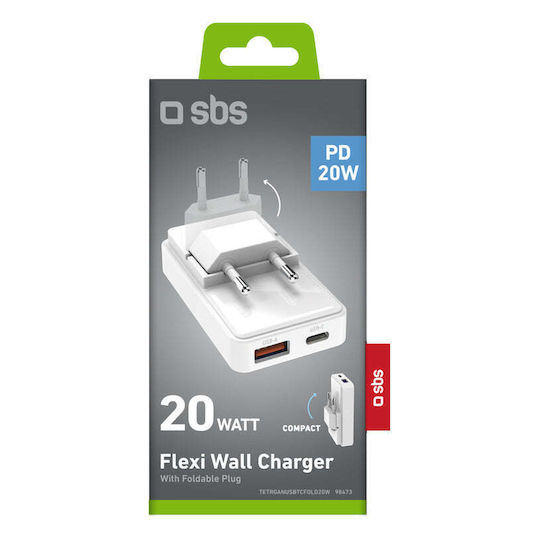 SBS Зарядно без кабел с USB-A порт и USB-C порт 20W Power Delivery Бял (98473)
