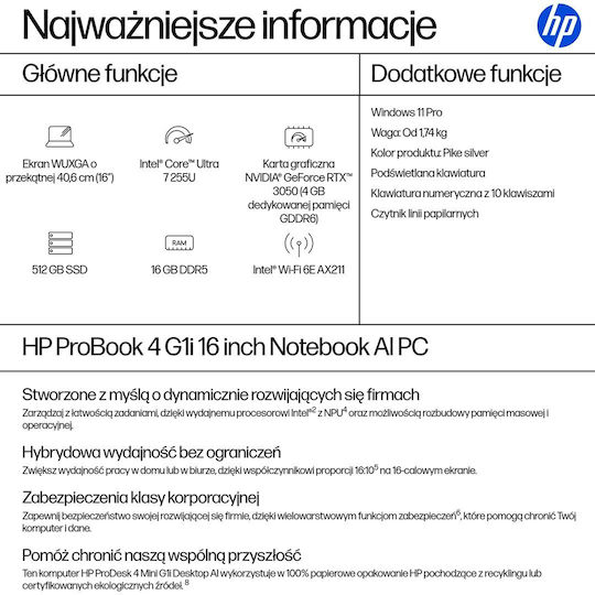 HP ProBook 4 G1i 16" IPS FHD+ (Ultra 7-255U/16GB/512GB SSD/W11 Pro) (Englisch (US) Tastatursprache)