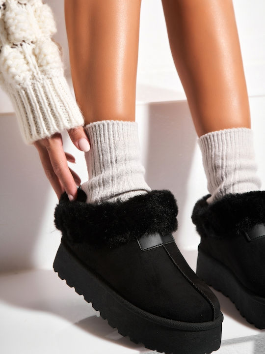 Leather Winter Women's Slippers Black