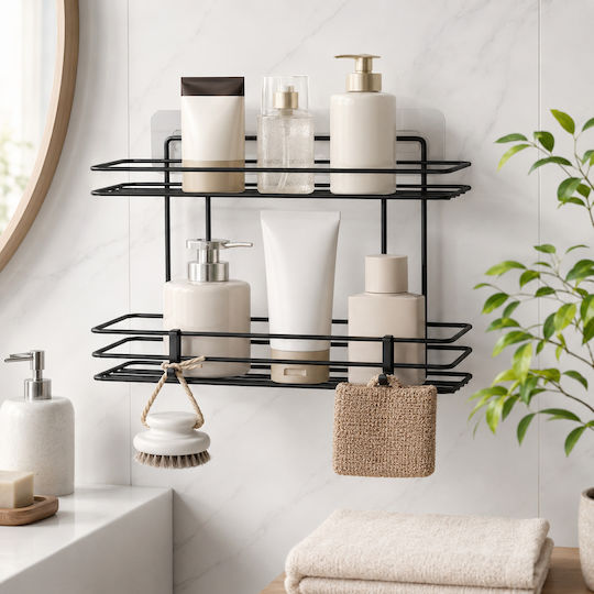Femmit Metallic Self-Adhesive Bathroom Shelf 2 Tiers Black 25.6x10.5cm