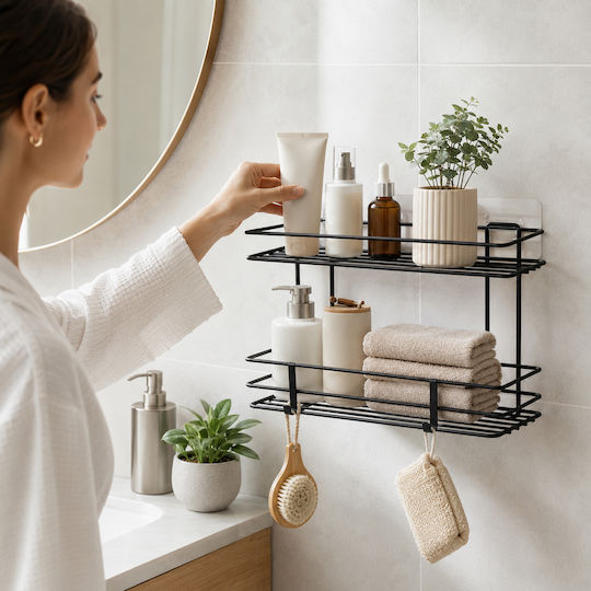 Femmit Metallic Self-Adhesive Bathroom Shelf 2 Tiers Black 25.6x10.5cm