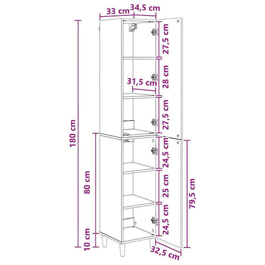 vidaXL Στήλη Μπάνιου Τοίχου Μ33xΒ34.5xΥ90cm Μαύρη