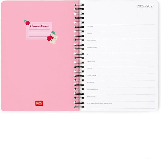 Legami Milano Weekly Agenda 2026/27 Teddy Bear Cherry Pink Spiral 15x21cm