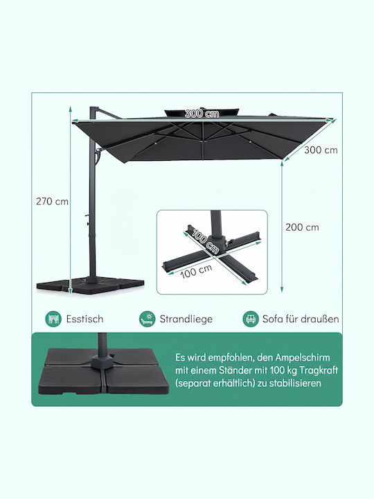 Garten- und Terrassen-Sonnenschirm Boden Quadratisch Aluminium Grau mit Basis 3x3m NP13287GR