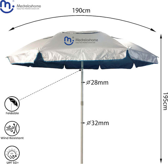 Folding Aluminum Beach Umbrella Diameter 1.9m with UV Protection and Turquoise Air Duct OPBU1007