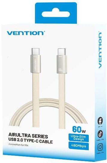 Vention Cablu Flat / Braided USB 2.0 USB-C Masculin - USB-C 60W PD Bej 1m TRZJF
