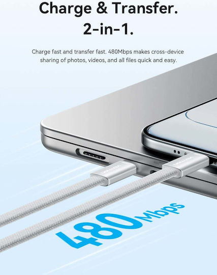 Vention Flat Braided USB 2.0 Cable USB-C Male - USB-C 60W PD Gray 1m