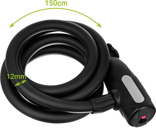 Bicycle Lock Key Zola 150 Cm Spiral Cable 12 Mm Thickness Pvc Coating Uv Resistant Ipx5 Black