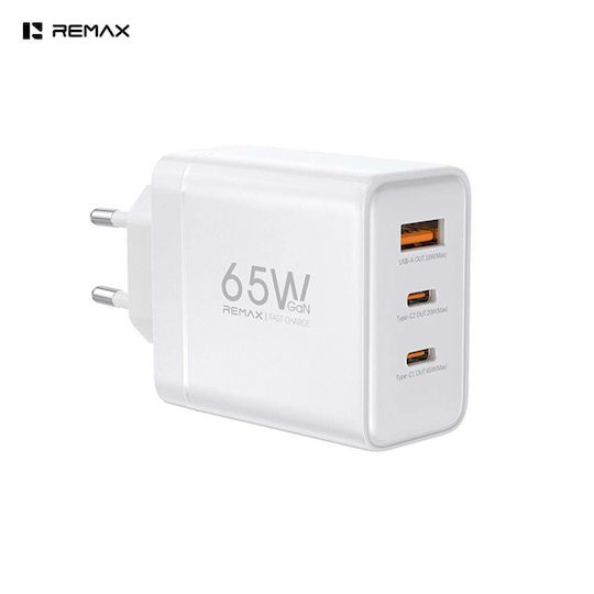 Remax GaN Charger with USB-A Port and 2 USB-C Ports and USB-C to USB-C Cable 65W Power Delivery Quick Charge 3.0 White (CA-20)