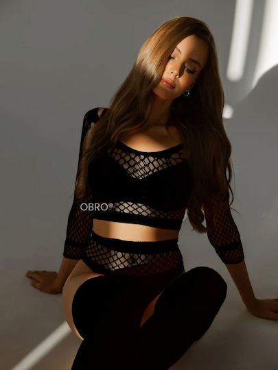 Set De Lenjerie Erotic Pentru Femei Obro Top Sexy Fără Cusături Chilot Elastic Din Plasă Mărime Unică Negru