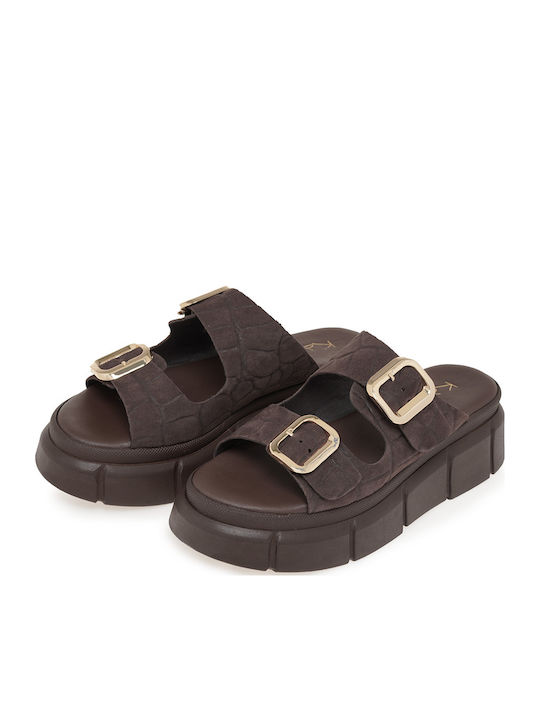 Кожени Дамски Сандали Flatforms Кафяви