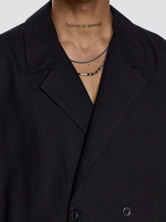 Short Sleeve Linen Shirt Regular Fit Black
