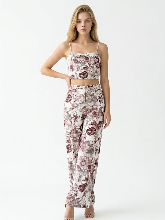 Damen Weißes Set mit Hochbund Blumenhose