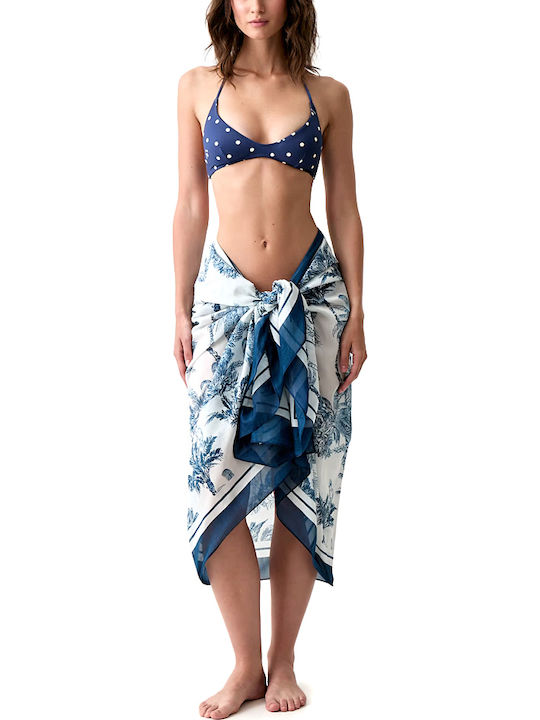 Mc2 Saint Barth Thaiti Silk Jungle Oceania Long Pareo Women Mc2 Saint Barth White Blue Tait001-09735l