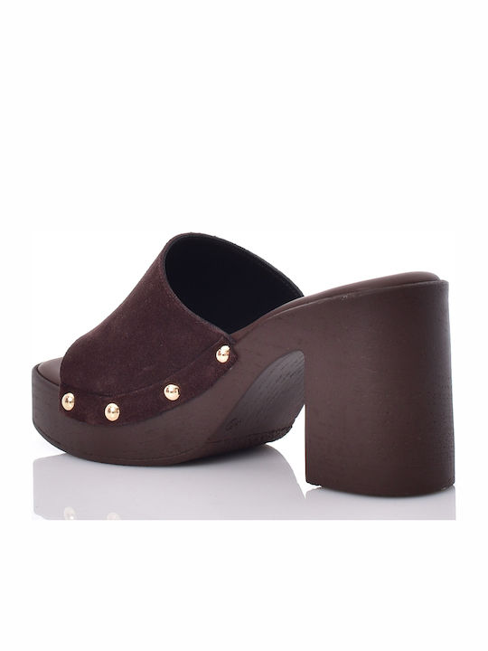 Suede Mules With Heel In Brown Colour