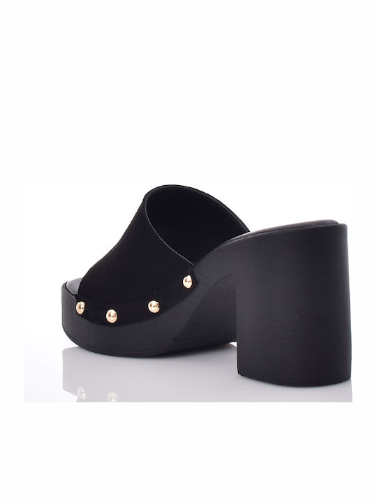 Suede Mules με Τακούνι σε Μαύρο Χρώμα