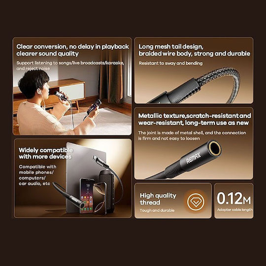 Remax Μετατροπέας USB-C male σε 3.5mm female Γκρι 1τμχ