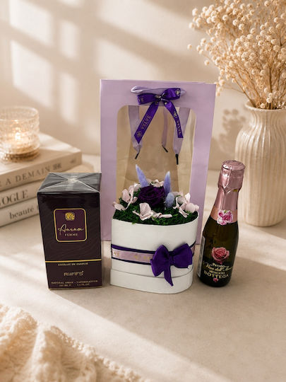 Set Elegant Riiffs Aurum Femme Parfum Aranjament Trandafiri Criogenați Mov În Cutie În Formă de Inimă Bottega Prosecco 200 Ml