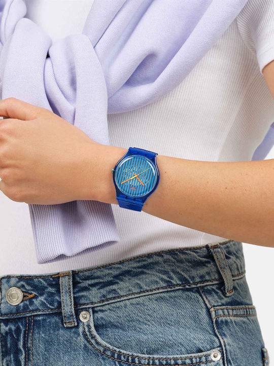 Swatch Herrenuhr Batterie mit Blauem Gummiarmband