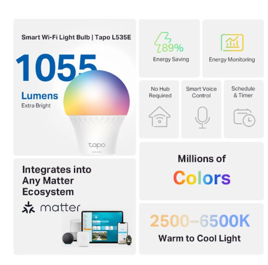 TP-LINK Smart Λάμπα L535E v3.2 LED 9W για Ντουί E27 RGBW 806lm Dimmable