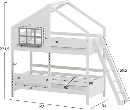 Kids Single Bunk Bed with Mattress White 90x190cm