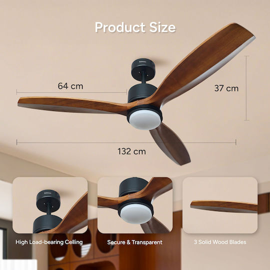 Rohnson Ceiling Fan 132cm with Light Fixture Brown / Black