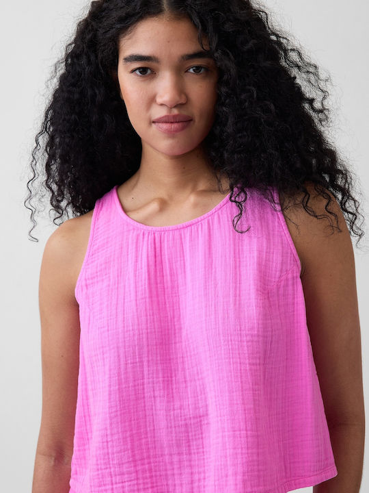 Women's Crop Cotton Sleeveless Checked Neon Pink Glow Top