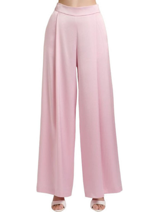 Women's Satin Trousers with Rubber Band in Loose Fit Pink