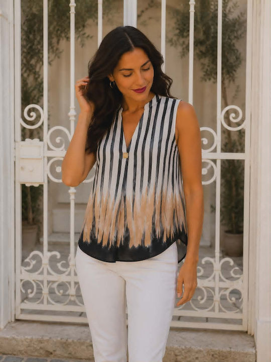 Women's Cotton Sleeveless Striped Blouse In Beige Ecru And Black Shades