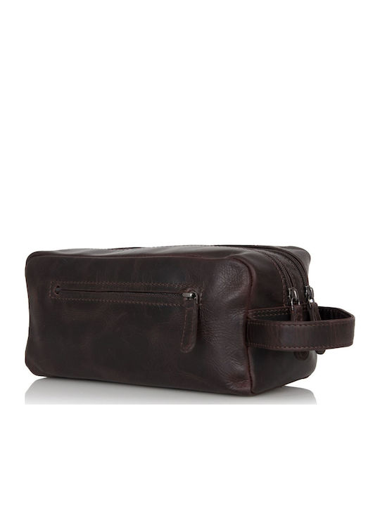 Leather Toiletry Bag Travel Cosmetics Rcm H10 Brown Vintage Leather 2 Compartments & Side Handle Brown