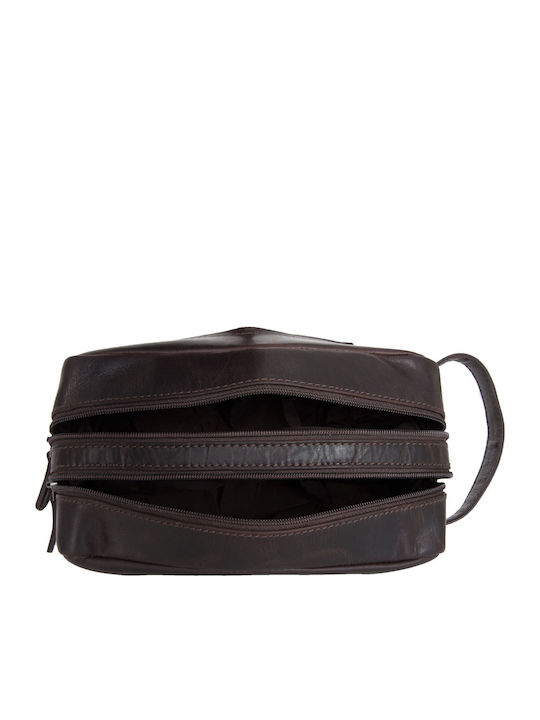 Leather Toiletry Bag Travel Cosmetics Rcm H10 Brown Vintage Leather 2 Compartments & Side Handle Brown
