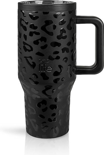 Ecolife Recyclable Handled Tumbler Thermos Stainless Steel / Plastic BPA Free 900ml Leopard Black with Straw and Handle