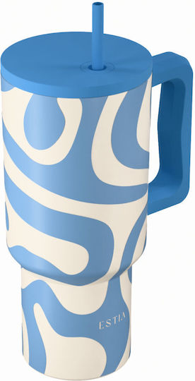 Straw Tumbler XL Save The Aegean Recycelbarer Handled Tumbler Thermosflasche Rostfreier Stahl BPA-frei 900ml Ocean Waves mit Stroh und Handgriff