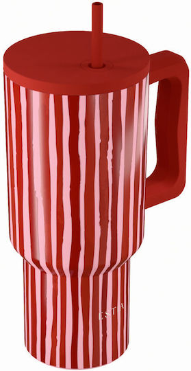 Estia Straw Tumbler XL Save The Aegean Recyclable Handled Tumbler Thermos Stainless Steel BPA Free 900ml Viva Stripe with Straw and Handle