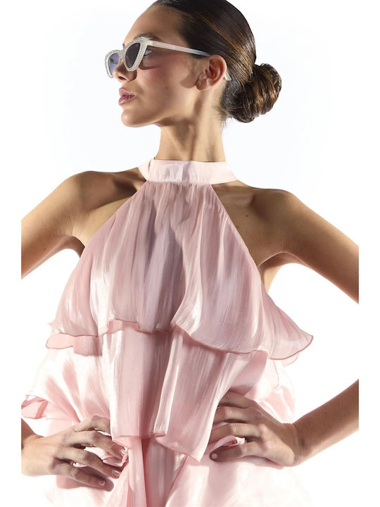 Rochie Mini Cu Volane Roz Metalizat