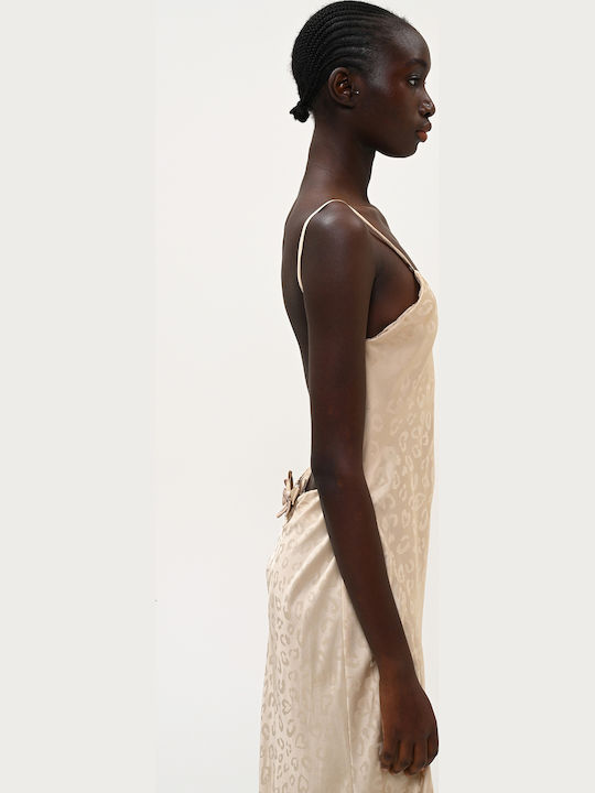 Summer Midi Evening Slip Dress Satin Beige