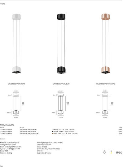 VK Lighting Pendant Light Rose Gold LED with Warm White Light
