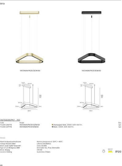 VK Lighting Κρεμαστό Φωτιστικό Χρυσό LED με Θερμό Λευκό Φως