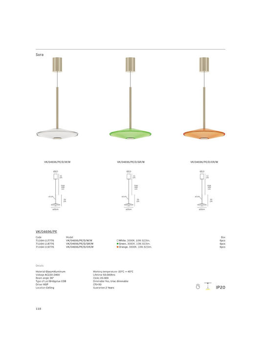 VK Lighting White LED Pendant Ceiling Light with Warm White Light