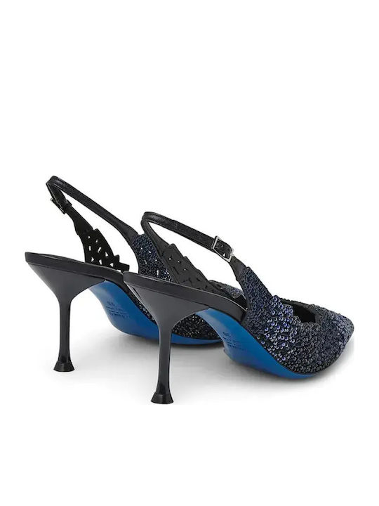 Suede Pointed Toe Heels with Strap and High Heel Navy Blue