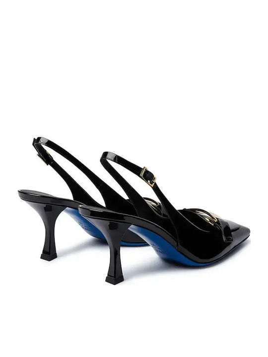 Pointed Toe Heels in Patent Leather with Strap & Mid Heel Black
