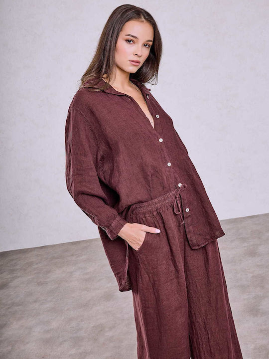Celestino Damenhemden Monochrom Leinen Loose Fit Burgundisch