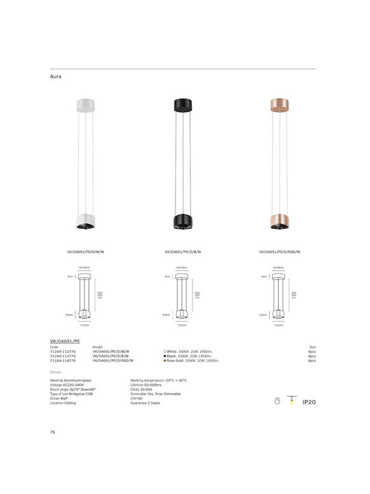 VK Lighting Deckenleuchte Schwarz LED mit Warmweiß Licht