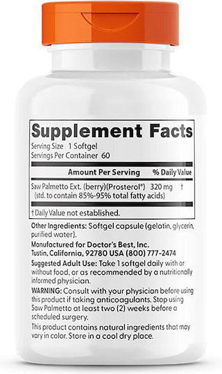 Doctor's Best Saw Palmetto With Prosterol Standardized Extract, 320 Mg [60 Softgels]