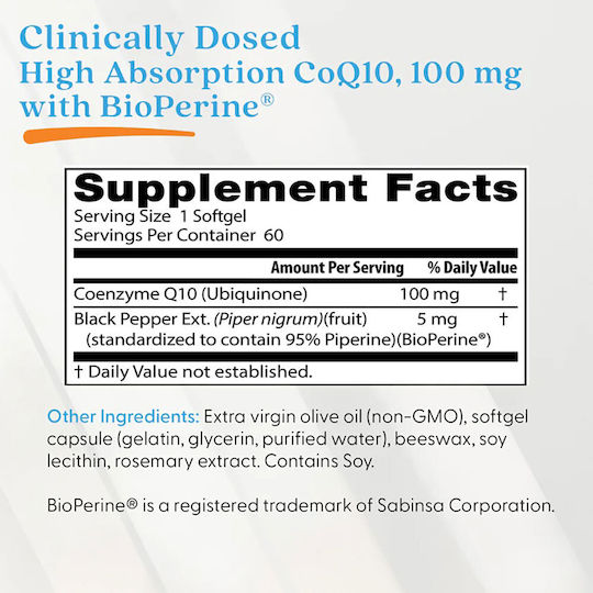 Doctor's Best High Absorption CoQ10 BioPerine Gluten Free 100mg 60 softgels