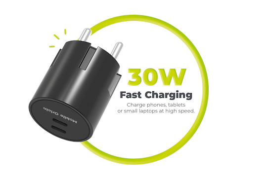 Mobile Origin Charger Without Cable GaN with 2 USB-C Ports 30W Power Delivery Black (PW33)